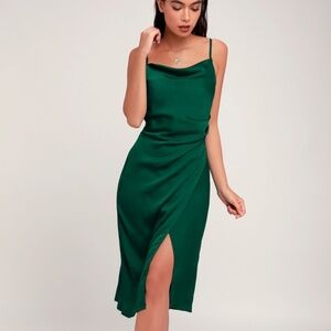 Lulus Hollywood Woman Forest Green Satin Midi Dress - Size L